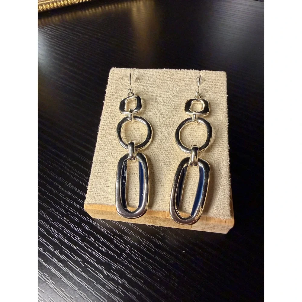 Chicos Silver Tone Navy Blue Enamel Geometric Link Drop Earrings French Wire